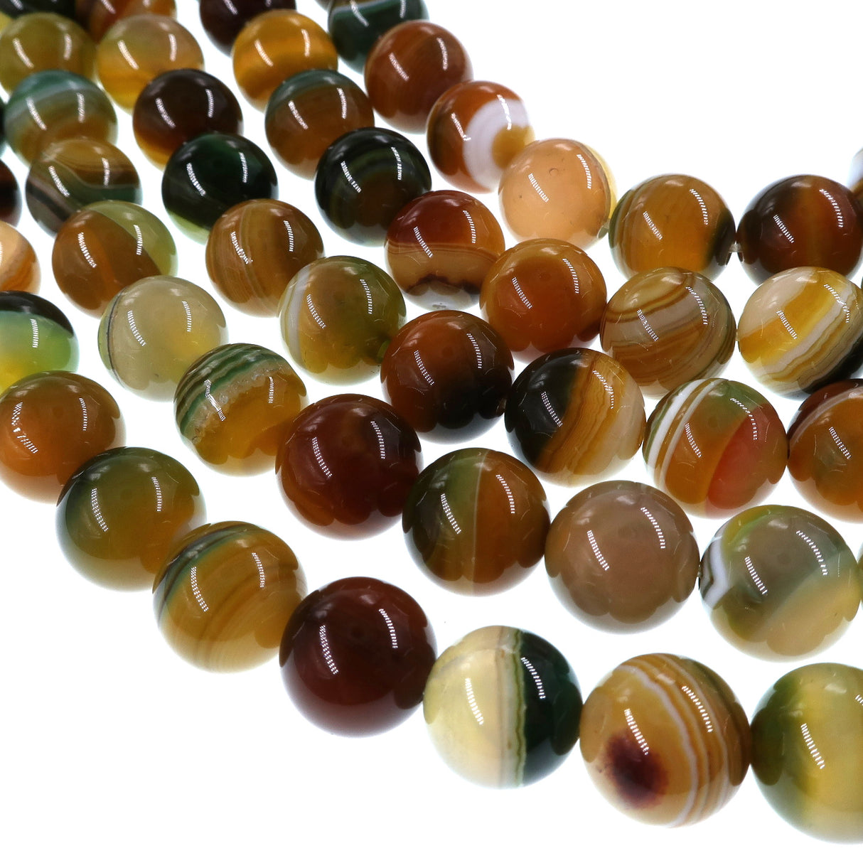 10mm yellow green striped agate beads - round - smooth - 15" strand - approx. 35 beads ST3-10