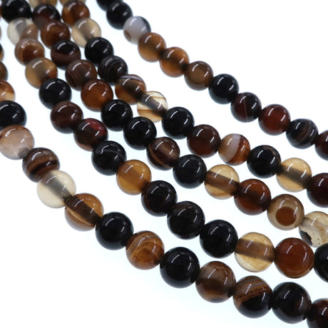 6mm dark brown striped agate beads - round - smooth - 15" strand - approx. 60 beads ST1-1