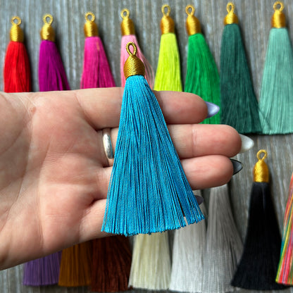 3" cyan gold top tassel